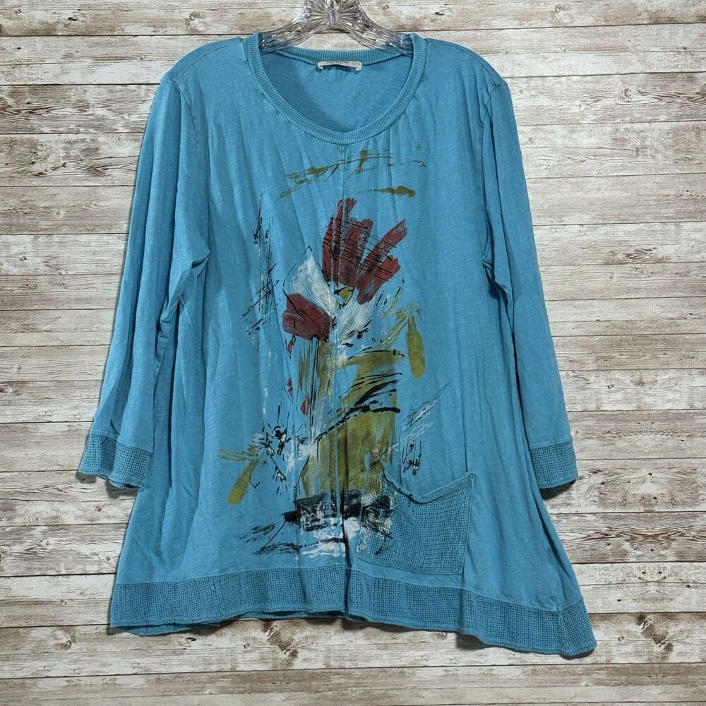Jess & Jane Teal Mineral Wash Abstract Graphic Tunic Top Mesh Pocket Sz L